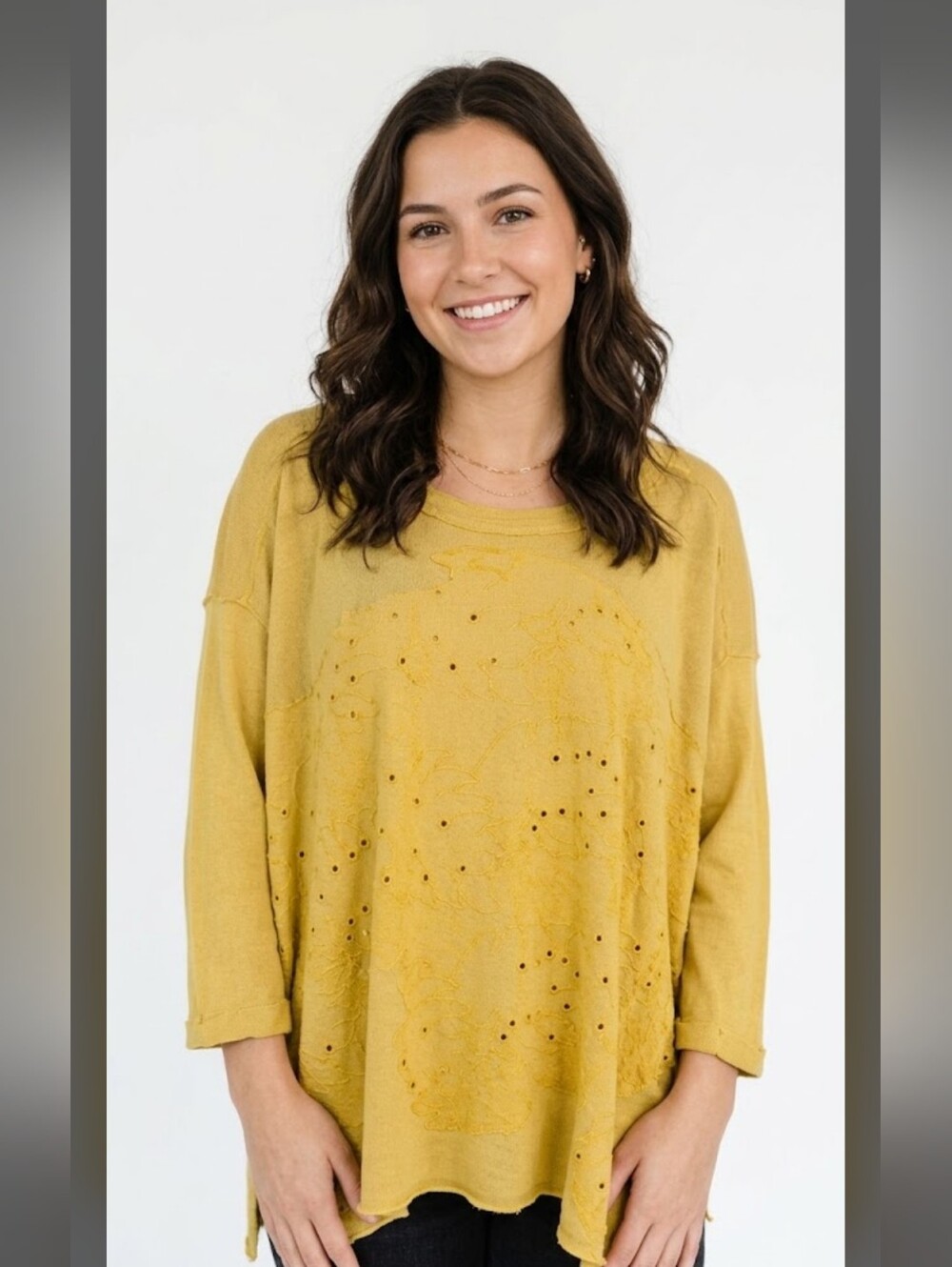 Free People Mustard Yellow Women's Oversized Distressed Knit Top, Size XS.